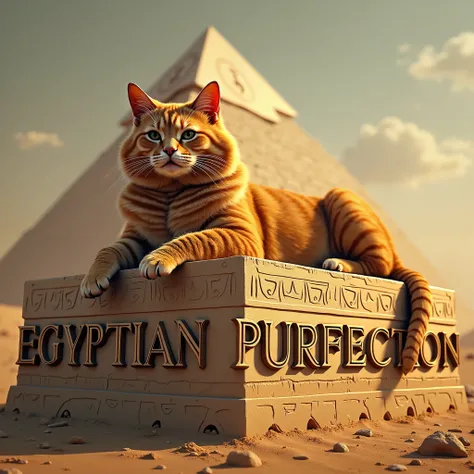 A majestic cat reclining atop the Great Pyramid of Giza, surrounded by warm desert tones and hieroglyph-inspired patterns. The text “Egyptian Purrfection” is displayed in a bold, retro typeface.