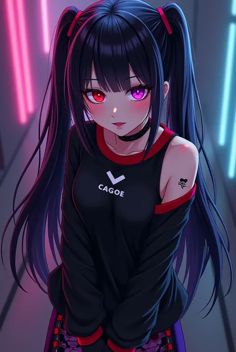  gothic.with black hair. with beautiful neon purple . with two parts tied behind . the right eye is neon red the left eye is neon purple. black makeup on the eyes . a small heart tattooed on the right cheek .a collar.  on this collar it has a badge written...