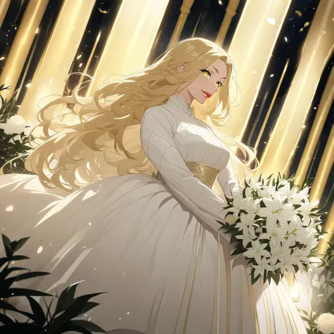 an adult woman,  anime Demon Slayer,  side view, with long golden hair,  with a white bridal candle with beautiful golden eyes ,  lips painted with  lip gloss , with a cheerful smile. extending a bouquet of white lilies , wearing a long wedding dress ,  ag...