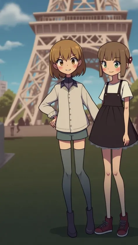  This   light brown square hair with bangs, côte à côte avec Marinette de Miraculous. Devant la tour eiffel, smiles, sun, Colorful drawing 