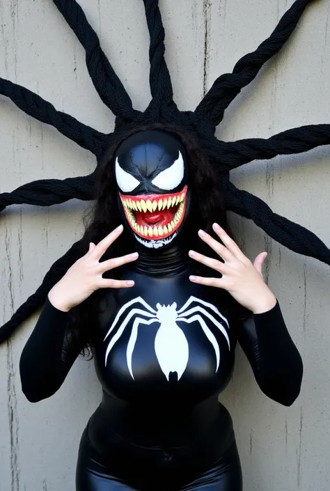 Ann Weying dressed in an elaborate cosplay costume resembling a monstrous version of Spider-Man, specifically Venom. Centered against a textured gray concrete wall with visible cracks, creating a gritty urban backdrop. She is wearing a sleek black tight-fi...