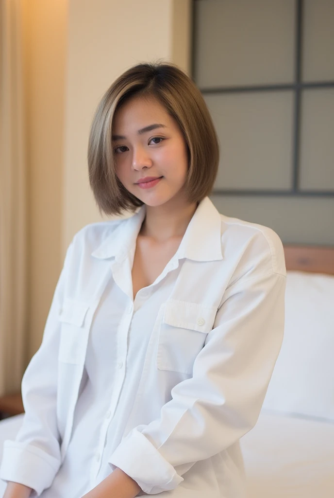 The Thai woman, about 33 years old, of good complexion, good figure, large breasts and beautiful figure, wore a white shirt, with a thin shirt that was not buttoned and could see the hills of her breasts, not wearing underwear. She was sitting on a bed nud...