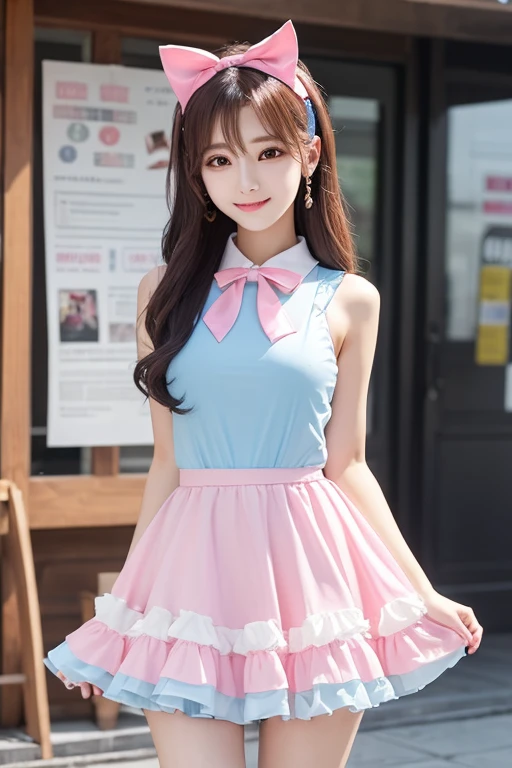 A very cute K-pop girl with pop colors wearing a light blue pink one-piece with impressive frills and a flared skirt is adorable, the gap moe is characteristic