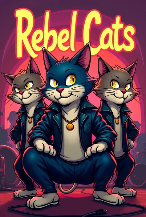  Create Cartoon art ,  a rockabilly style black cats and cats, com topete pompadour, wearing black jacket, Put the spelled name REBEL CATS GAMES 