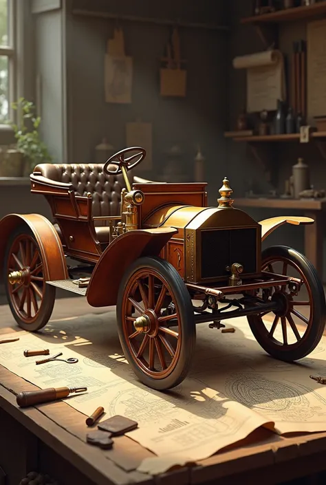 An artistic representation of the Benz Patent-Motorwagen, showing close-up details of the wooden frame, brass elements, and the distinctive engine. The setting is a 19th-century workshop with tools and blueprints scattered around, showcasing the revolution...