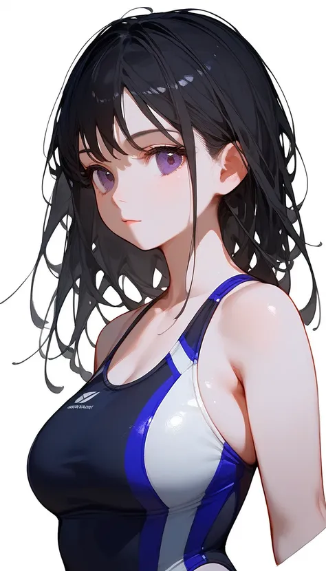 Score_9,Score_8_up,Score_7_up, perfect face, score_6_up, score_5_up, score_4_up, beautiful face, cool woman, (((anime))), (((status_anime))), white skin, dark purple eyes,1 anime girl, (((white competitive swimsuit))), top quality eyes, detailed texture, b...