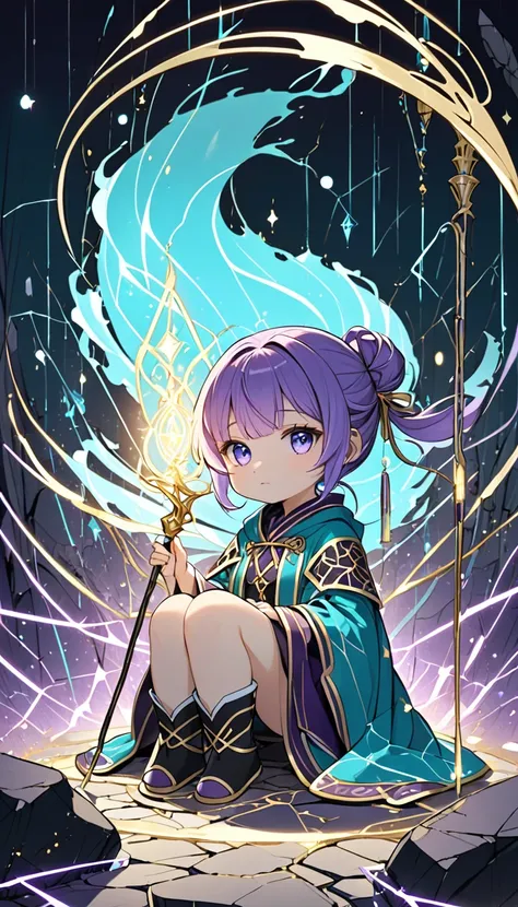 A chibi-style mage with flowing purple hair tied with a small golden ribbon, glowing teal eyes, and a delicate, melancholic expression. Her black-and-gold robes are torn, exposing bandaged arms, and she cradles a shattered staff with intricate magical rune...