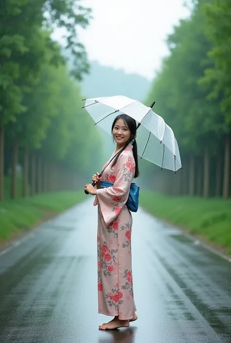 woman standing on a wet countryside road, holding a clear umbrella. She is wearing a kimono. The background features lush green trees and a soft, cloudy sky, creating a serene, rainy atmosphere. The woman is smiling, looking towards the camera, with her bo...