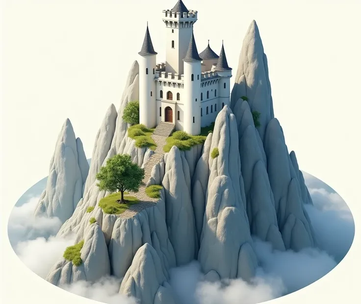 absurdres,  better quality, fantasy,  isometric, collage style  (a round realistic very high mountain on which the tower is a tower of magic a castle with white walls and towers on a high white stone mountain:1.2), tree,  stonewall , (simple background:1.2...