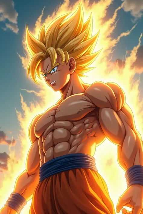 A super saiyan son goku, extremely detailed face and muscular body, epic action pose, glowing gold energy aura, blue sky background, cinematic lighting, 8k, photo-realistic, digital painting, beautiful detailed eyes, beautiful detailed lips, extremely deta...