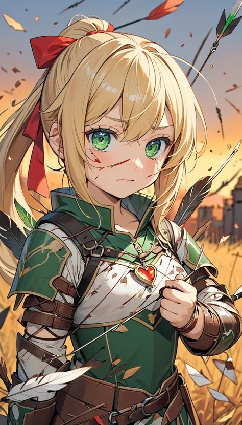 A chibi-style archer with a blonde ponytail secured with a small red ribbon, her green eyes filled with restrained tears. Her leather armor is scuffed and worn, with a single feathered arrow clutched in her hand. She holds a small, heart-shaped locket clos...