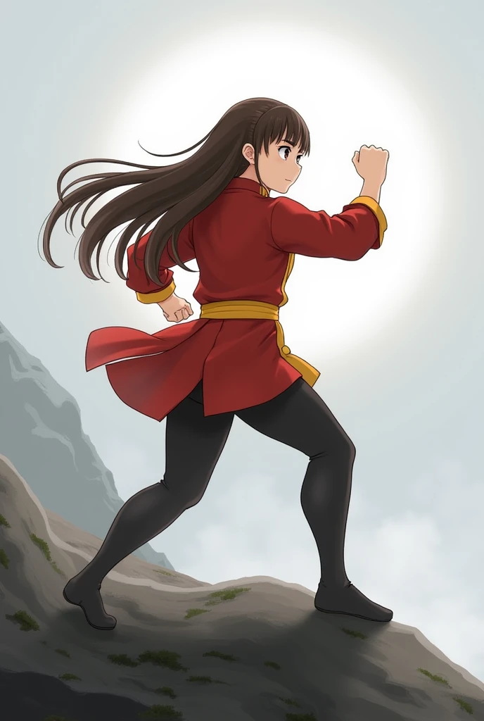  1 girl, Long Hair, (((Brown Hair、 Had)))、(((Red Chinese uniform、Yellow belt on the waist、BLACK  bottom)))、(((Break a rock with a punch、White aura)))、(((Mountain top、fog)))、(((Moment of Truth / The Karate ）))