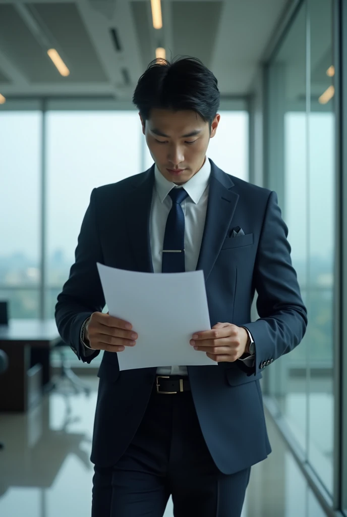 Create a book cover about the atmosphere of a corporate office and a 25-year-old Korean male boss facing the front looking like a CEO flipping through documents with 32K UHD, reader 4d .