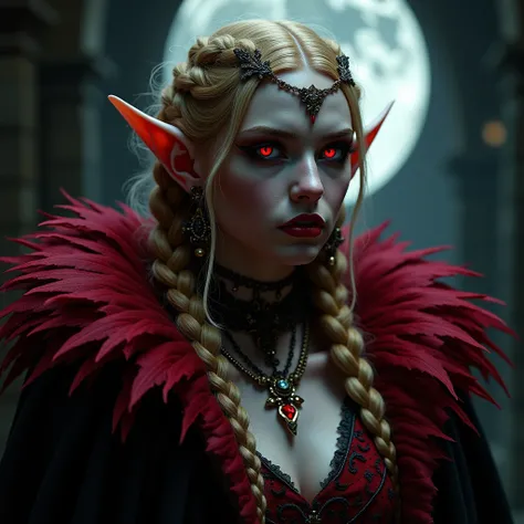 , a mysterious vampire elf ，portrait，, she has golden braid hair ，, sharp red eyes ，Pale skin，（Elf ears），（ shows off long fangs ）， wearing prestigious clothes and accessories, ，, strong but also elegant ， in this piece, （ dark and gothic ）In art, 。（ Best Q...