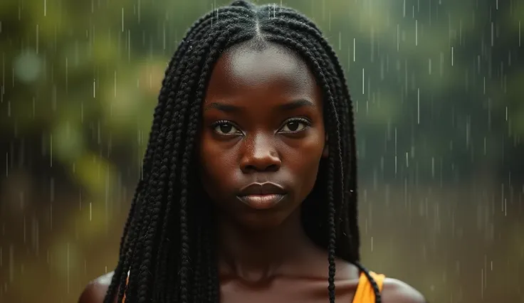 Powerful portrait of an African woman in her 20s with braided hair and deep brown eyes, standing strong in the rain, chin up, eyes determined, with a subtle golden aura around her, representing divine protection amid lifes storms --ar 16:9