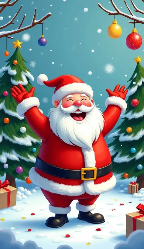  The image shows a cartoon Santa Claus in a traditional red suit with a white edge and a black belt.  He is standing on snowy ground , Raising his hands up, and looks joyful .  The background shows several decorated Christmas trees with colorful balloons ,...