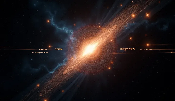  The image presents a black futuristic background with shades of blue and orange,  with lines of light and radiation waves , with a Pulsar-type neutron star in the background ; And the Bigbang in the center with several biblical verses in Hebrew, Greek and...