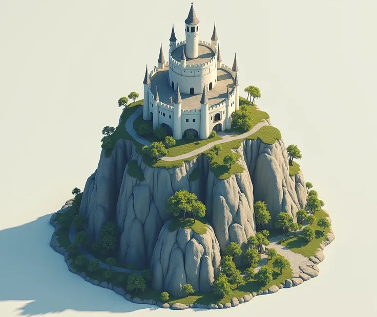 absurdres,  better quality, fantasy,  isometric, collage style  (a round realistic very high mountain on which there is a fantastic magic tower of magic with white walls and towers on a high mountain:1.2), tree,  stonewall , (simple background:1.2).