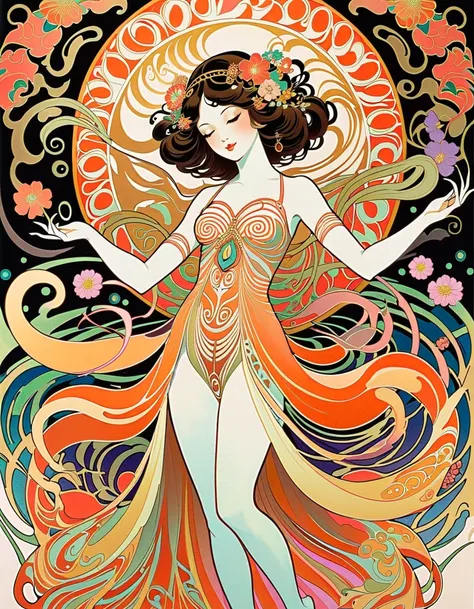 Feminine Art ,  Art Nouveau Posters  , Hallucinatory, Hypnotic Patterns , Abstract, Euphoric,  Fluid Shapes ,  jewelry, flower.  flat illustration .  Negative Space in the Shape of the Body of a Dancing Goddess. Japanese、Ancient Goddess, Abstract Painting,...