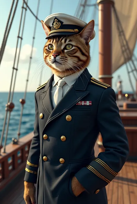 A striped cat captain of a ship 