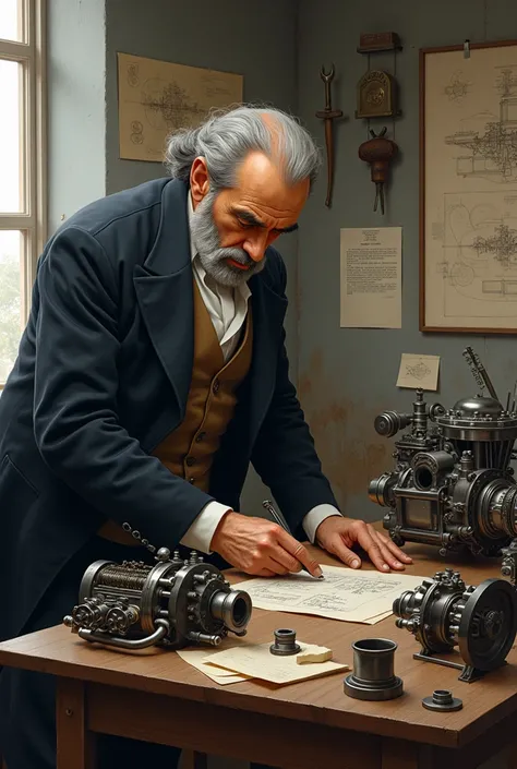 An illustration of Karl Benz working on the Benz Patent-Motorwagen in his workshop, with sketches of car designs pinned to the walls, the engine components visible in front of him. The atmosphere should feel innovative and focused, highlighting the early s...