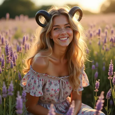 In a sun-kissed meadow, a young woman in a flowing floral dress sits among the lavender, radiating a serene grace. Her off-the-shoulder neckline whispers tales of romantic afternoons, while her tousled hair cascades like sunlit golden waves. She has medium...