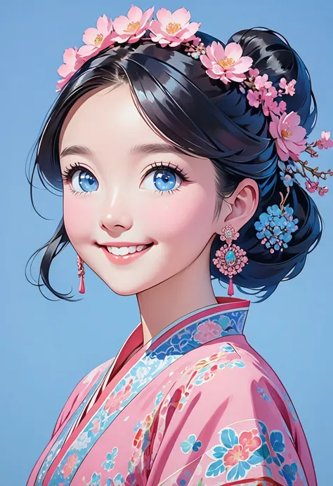 a cartoon picture of an asian looking girl with big ears and pink dress, 1girl, solo, jewelry, earrings, blue background, smile, blue eyes, looking at viewer, female , , hair ornament