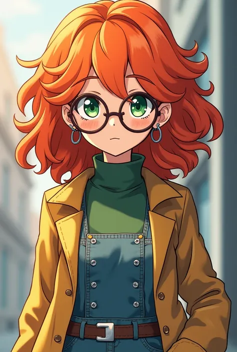  Screenshot My hero Academia Chica , Of 16 orange curly hair , jade green eyes, Wear round glasses,  her skin is tanned but in a shade of white ,  her cheeks always had pink cheeks.  She wears a turtleneck coat ,  with a denim skirt and silver boots ,  in ...