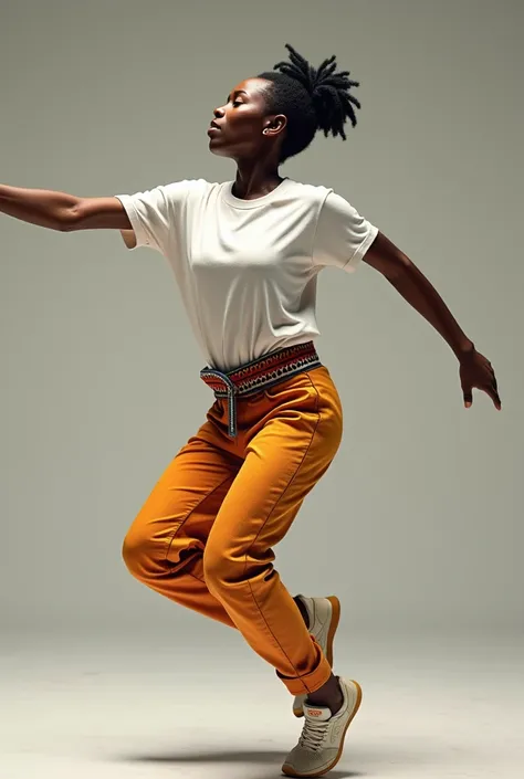 Senegalese hip hop dancer with a black complexion and wearing a white T-shirt.. Elle a les cheveux courts.