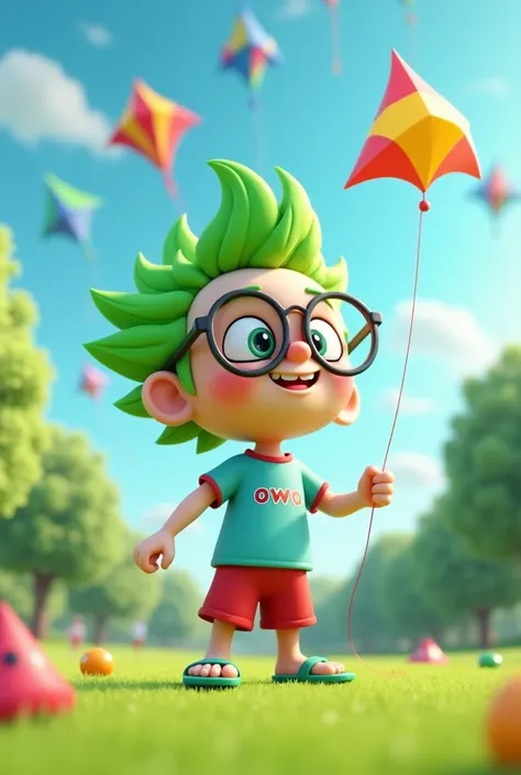 ((side view)) The style is 3D animation with a bright vibrant color palette, in a cute and nerdy 3D animation image, with big round glasses, wearing a light blue t-shirt with an "owo" print, red shorts, and spiky bright green hair, green flip-flops, playin...