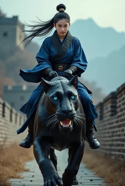 Beautiful Chinese princess in ninja costume, with black hair, blue eyes, riding a giant black panther, chasing the Great Wall of China, bright colors, fashion style, Kodak, film and television lens, ultra high definition, best quality, surrealism, high res...