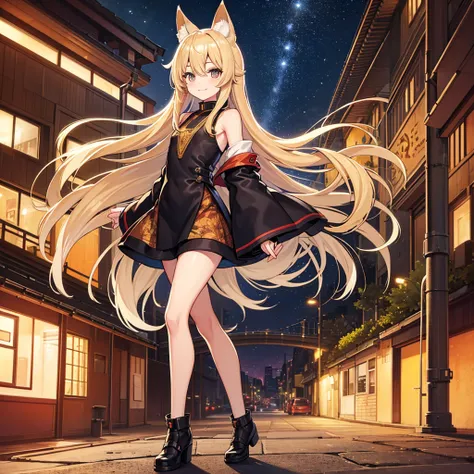 urban under bridge, autumn night sky, 1girl, solo, bartende, blonde hair, long hair, silver eyes, foxs ear, fox spirit, flat chest, slim figure, smile, playing trumpet, perfect anatomy