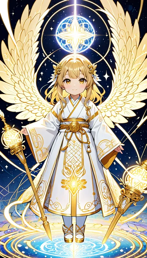 A chibi-style Japanese anime character, a young girl with shimmering golden hair, dressed in a radiant white ceremonial robe adorned with glowing runes. She holds a glowing staff high, channeling divine light from the heavens, creating angelic wings of pur...