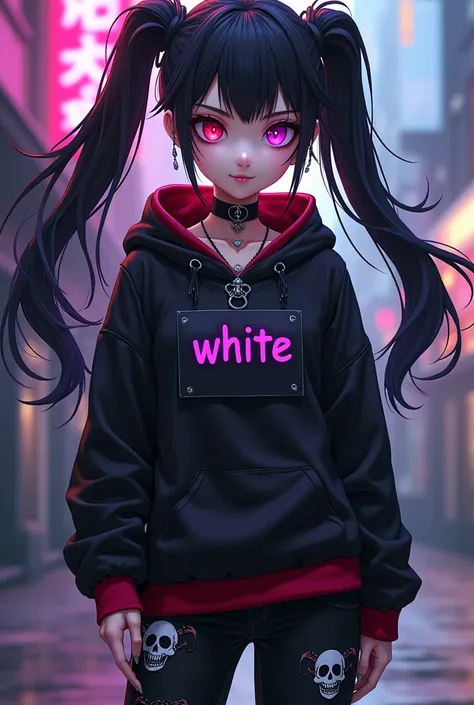 Adult female .with black hair. with beautiful neon purple . with two parts tied behind . the right eye is neon red the left eye is neon purple. black makeup on the eyes . a small heart tattooed on the right cheek .a collar. on the collar has an iron plate ...