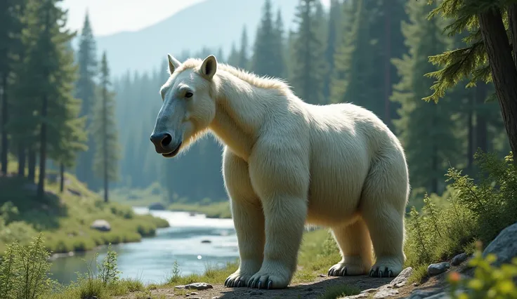  Create a realistic image 4k .
Visible Fulbody .
 Location at the edge of the Forest ,  near a river
Bright and clear lighting
The color is very natural in its true state
Hybrid Animal Forms,  which is a fusion between two animals .
That is, a polar bear s...