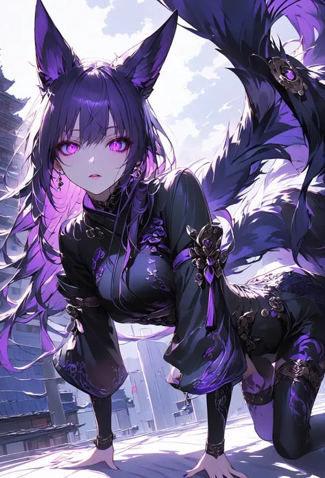 Masterpiece, high quality, high resolution, 16K, super detailed background, illustration by Makoto Shinkai, ultra realistic, digital painting, dark fantasy, fox girl, black and purple hair, bright purple eyes, narrow vertical pupils, glowing eyes, fox ears...