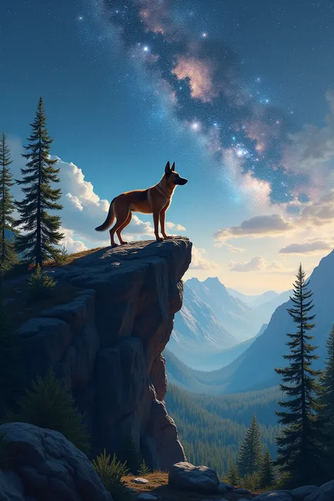  Create an image of a Malinois shepherd on a rock near a cliff, with a pine forest and a galactic sky 