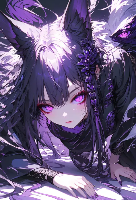 Masterpiece, high quality, high resolution, 16K, super detailed background, illustration by Makoto Shinkai, ultra realistic, digital painting, dark fantasy, fox girl, black and purple hair, bright purple eyes, narrow vertical pupils, glowing eyes, fox ears...