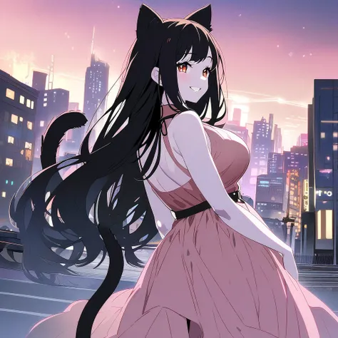 anime girl,  pink white skin , black hair, long hair, with cat ears ,  with black cat tail ,  amber eyes , big breasts, sexy modern dress,  is in the evening city,  hands out back ,  happy expression smiling 