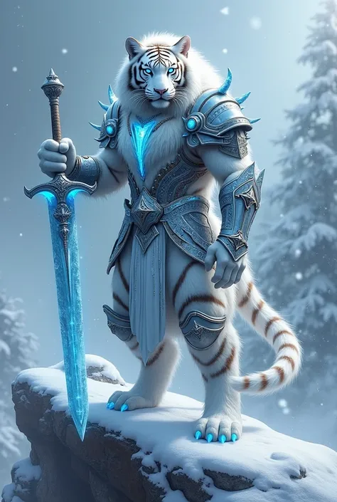 A majestic hybrid between a white tiger and a noble knight, standing tall in a snow-covered landscape. The creature had the strong, muscular body and striped fur of a white tiger, combined with the humanoid form and ornate armor of a knight. Its armor was ...