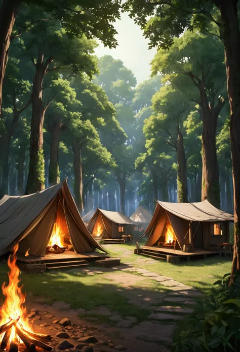 Imagine a camping scenario ,  with large trees surrounding some huts, some pillars with fire ,  having luminosity between the foliage.