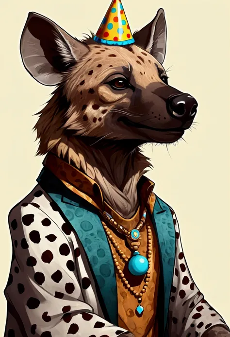 Male anthro grey spotted hyena character with a brown mane and brown goatee celebrating his birthday.