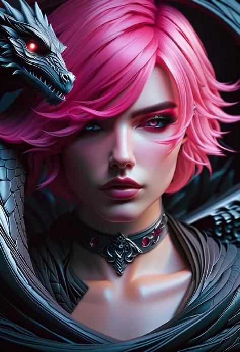 Cyberpunk l close up pink haired female with a black dragon behind her, portrait, clear sharp focus, featuring a dark and eerie atmosphere hyper realistic, 8K professional photography art, photorealistic masterpiece: by aaron horkey and jeremy mann: intric...