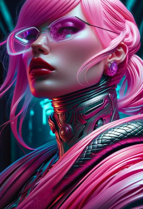 Cyberpunk l close up pink haired female with a white anaconda around her neck, portrait, clear sharp focus, featuring a dark and eerie atmosphere hyper realistic, 8K professional photography art, photorealistic masterpiece: by aaron horkey and jeremy mann:...