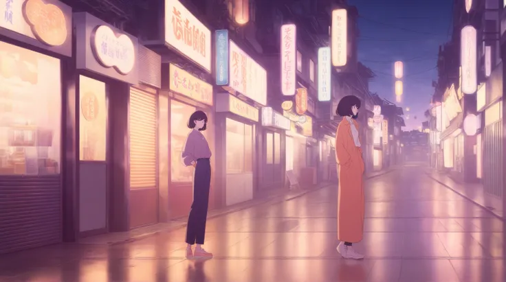 A retro Tokyo-style anime illustration of a woman standing on a quiet city street at dusk. She has long, dark hair gently swaying in the evening breeze and is wearing a casual outfit: a light jacket, a fitted shirt, and high-waisted trousers. Her hands are...