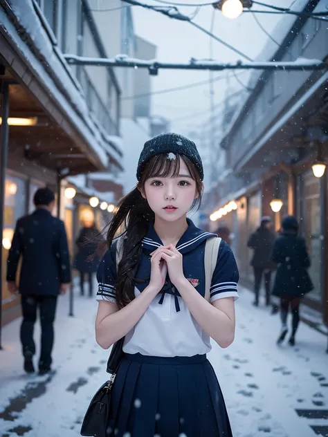 A high school girl in a short-sleeved sailor uniform::3, standing in a snowy station square, her breath visible::2, surrounded by blurred figures, cinematic winter ambiance --v 6