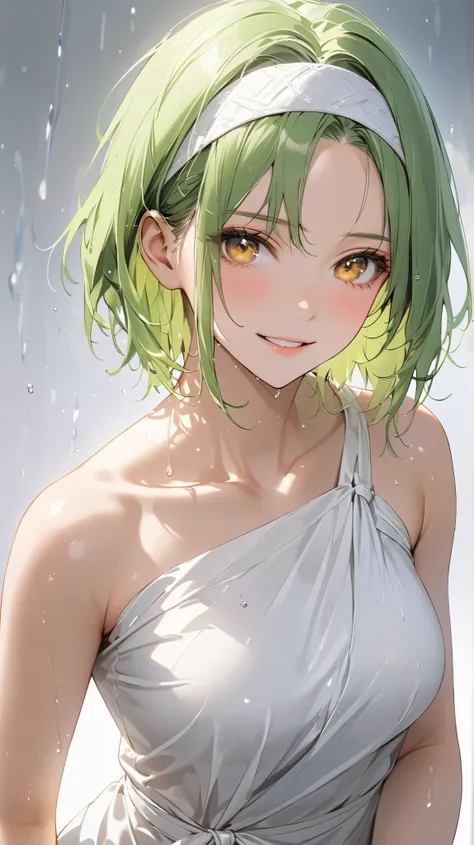 face details,semi realistic, Masterpiece, Master work, perfect , 4k, 1girl, young girl, wet hair, mature body, medium size breast, short hair, middle parted hair style, showing forehead, wearing headband, neon green colored hair, yellow eyes, happy express...