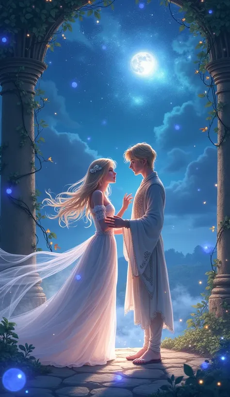 Idea: "Celestial Serenade in a Mystical Glade"

An anime-style couple shares an intimate moment in a moonlit glade, surrounded by sparkling fireflies and glowing, mystical flora. The woman, adorned in a flowing silver gown that seems to merge with the mist...