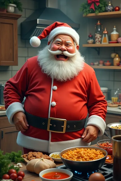  an Asian Santa Claus , Lush to fat ,  who cooks a Christmas dinner in a chaotic kitchen,  but completely overwhelmed and annoyed ,  photorealistic  

