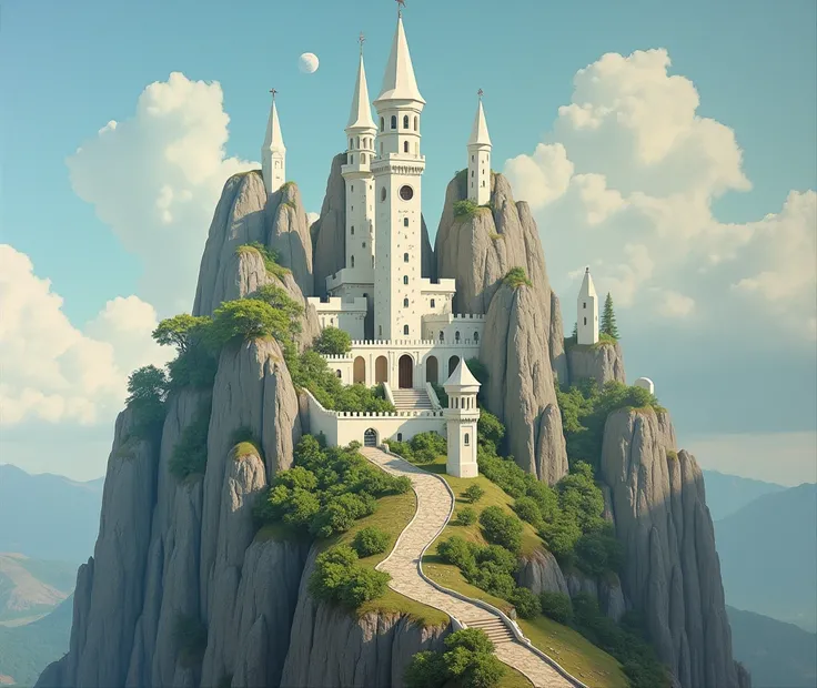 absurdres,  better quality, fantasy,  isometric, collage style  (, a round realistic very high mountain on which a fantastic magical tower of magic, white pointed ones rushed to the sky. with a courtyard of trees .  with white walls and towers on a high mo...